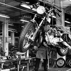 Triumph motor cycles once more rolling off the assembly lines at the Norton-Villiers