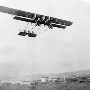 A twin engined Caudron biplane in flight over Salonika in the Balkans during World War