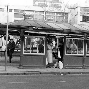 The Victorian bus shelter in Market Square, Hyde, opposite the Town Hall. Circa 1985