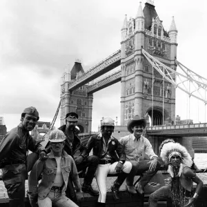 Village People pop band at Tower Bridge London. 1980