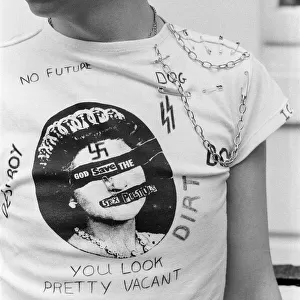 Youth Culture - Punk Rockers - fashion Style, Close up of T Shirt - Image of the queen