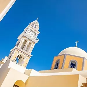 Fira and blue dome, Santorini, Greece. Famous travel destination, blue sky with white architecture. Fira and the Caldera of Santorini, Santorini