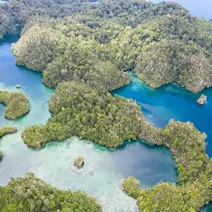 Highly eroded limestone islands and coral reefs lie amid the waters of Raja Ampat, Indonesia. This region is a popular destination for scuba divers