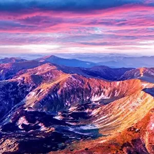 Hight mountains during purple sunset in spring season. Landscape photography