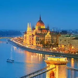 Hungarian Parliament - View at Chain Bridge and The Parliament Building, Danube River, Budapest, Hungary