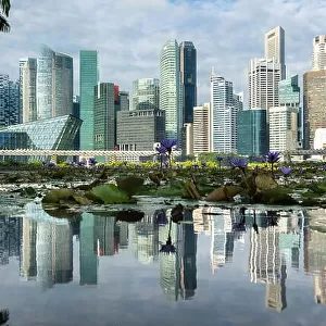 Singapore business district with skyscraper building and reflection at Marina Bay, Singapore