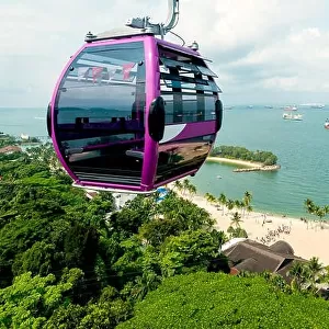 Singapore cable car in Sentosa island with aerial view of Sentosa island in Singapore