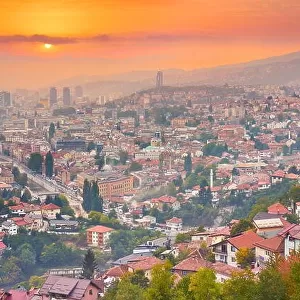 Sunset over Sarajevo, the capital city of Bosnia and Herzegovina