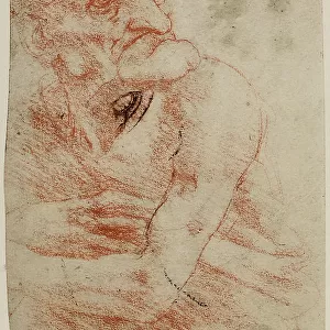 Caricature of Judas for the Last Supper by Leonardo da Vinci, sanguine drawing on white paper turned yellow preserved at the National Gallery of Antique Art of Palazzo Corsini in Rome