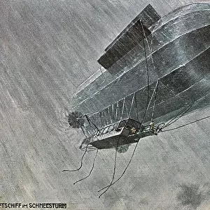 Dirigible in flight during a rain storm; drawing by Hans Stovhase