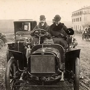 Gentlemen arriving by car at Tr Fontane, Rome, to go fox hunting