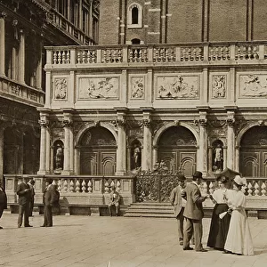 Group portrait in front of the Loggetta and the base of the bell tower of San Marco, Venice