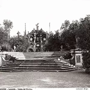 Detail of the Italian garden of Villa Isabella d'Adda with the stairs in the foreground that lead to a peculiar architectural structure. Isola Bella, Stresa