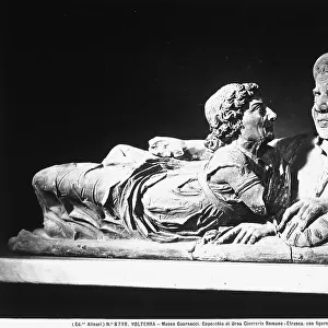 Lid of a cinerary urn with figures of married couple. Work from Etruscan age, preserved in Guarnacci Museum in Volterra, in province of Pisa, in Tuscany
