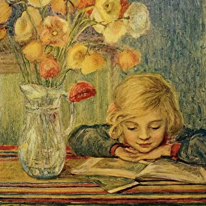 Little girl and flowers, painting, Leonardo Pizzanelli, Private collection