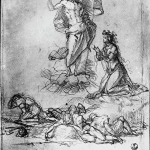 Resurrection of Christ with the Virgin in prayer and a group of soldiers at their feet. Drawing by Andrea del Sarto preserved in the Room of Drawings and Prints in the Museum of the Uffizi