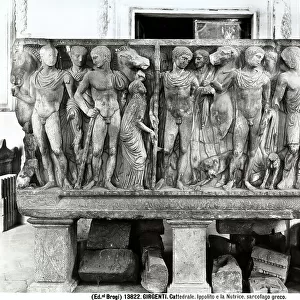 A side of the sarcophagus of Phaedra, representing the story of Hippolytus and Phaedra. Sculpture originally preserved in the cathedral of Agrigento, now preserved in the adjoining Diocesan Museum