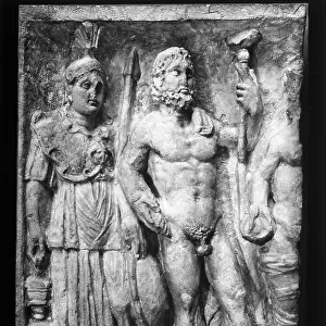 Scene of sacrifice in the presence of Jupiter and Minerva, low-relief coming from the Mueseum Grada Sarajeva of Sarajevo. It was at the Augustan Exhibition in Rome in 1938