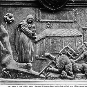 St. Claire driving away the Saracens, wooden panel of the door in the Lower Basilica of San Francesco, Assisi