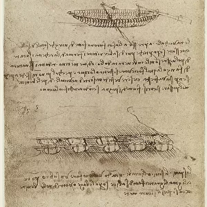 Study of Assyrian ship and instructions for building a rope bridge; work of Leonardo da Vinci belonging to the Manuscript B (2173), c.62v. preserved at the Institute of France in Paris