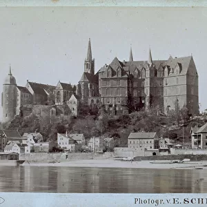 View of the Feudal Castle and the Cathedral of Meissen on a hill overlooking the Elbe river