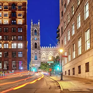 Canada, Quebec, Montreal, street scene with Notre Dame Basilica