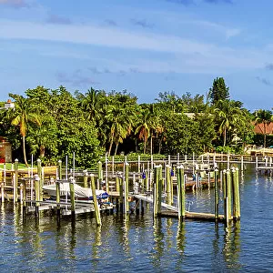 Florida, South Florida, Manalapan, boat slips on the Intercoastal viewed from drawbridge