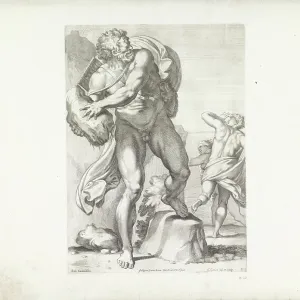 Polyphemus throws a stone at Acis, an etched print Polyphemus throws a stone at Acis, an etched print