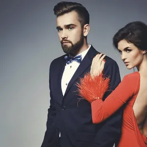 Par de atractivos y bien vestidos posando en estudio. Par de atractivos y bien vestidos posando en estudio.
