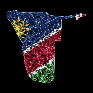 Karte von Namibia, Polygoneinzugslinienkarte, Flaggenkarte. Karte von Namibia, Polygoneinzugslinienkarte, Flaggenkarte.
