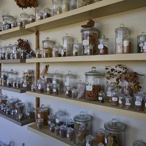 Étagères remplies de bouteilles d'herbes et d'épices dans un décor rustique, Musée Hippocratique, Fondation Internationale Hippocratique, Société Hippocratique, Kos, Dodécanèse, Îles grecques. Étagères remplies de bouteilles d'herbes et d'épices dans un décor rustique, Musée Hippocratique, Fondation Internationale Hippocratique, Société Hippocratique, Kos, Dodécanèse, Îles grecques.