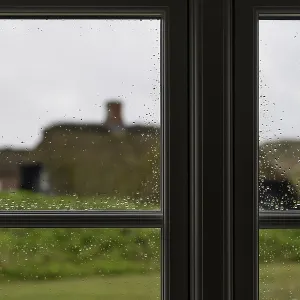 Vue à travers les vitres avec des gouttelettes de pluie qui s'accumulent. Vue à travers les vitres avec des gouttelettes de pluie qui s'accumulent.