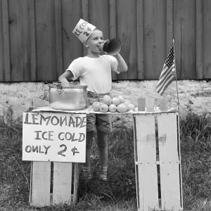 Boy at Lemonade Stand with Megaphone Print Boy at Lemonade Stand with Megaphone Print