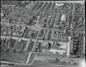 Prints of Elliot Street and environs, Tyldesley, c.1930s. Aerial view, photographed by Arthur William Hobart. Air Pictures Portleven Collection Lancashire Prints: Aerial view print of Elliot Street, Tyldesley