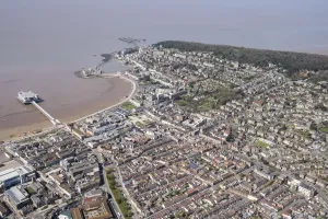 Prints of The seaside town and pleasure pier, Weston-super-Mare, North Somerset, 2018 Aerial View Prints: Weston-super-Mare Print: Aerial View of Seaside Town and Pier