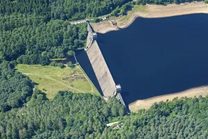 Prints of Derwent Dam with low water levels during a period of dry weather, Derbyshire, 2022 England from the Air - Landscapes, Cities and Heritage: Derwent Dam Print, Derbyshire Landscape