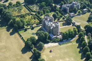 Prints of Hardwick New and Old Halls, both under scaffolding, and walled gardens, Derbyshire, 2022 England from the Air - Landscapes, Cities and Heritage: Hardwick New and Old Halls Print, Derbyshire