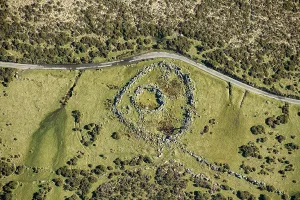Prints of Round Pound, part of the the Kestor Settlement, the remains of an Iron Age settlement on Dartmoor, Devon, 2025 England from the Air - Landscapes, Cities and Heritage: Round Pound remains, Kestor Settlement Print