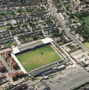Prints of ROOTS HALL, Southend. Home of Southend United Football Club - The Shrimpers. Photographed in May 1996. Aerofilms Collection (see Links) Essex Prints: Print of Roots Hall Stadium, Southend