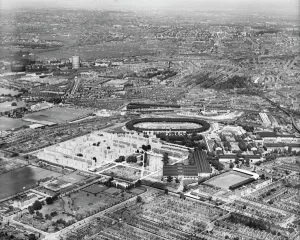 Prints of The London County Council White City Estate, Olympic Stadium and Loftus Road football ground, Shepherds Bush, London, from the south-west, 9th July 1939. Queens Park Rangers FC. QPR Sport Prints: Print of White City Estate from the south-west, 1939