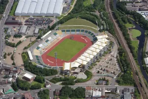 Prints of DON VALLEY STADIUM, Sheffield. Aerial view. This athletics stadium was completed in 1990 to help host the World Student Games of 1991 and is home of the City of Sheffield Athletics Club South Yorkshire Prints: Print of Don Valley Stadium, an aerial view