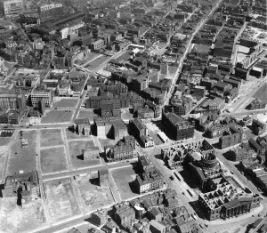 Aerial view print of Liverpool in 1946, showing post-war devastation