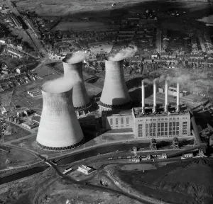 Prints of OCKER HILL POWER STATION, Tipton, Staffordshire. Aerial view of a coal-fired power station with three cooling towers emitting steam. It was opened in 1902 to supply power to the Black Country Staffordshire Prints: Aerial View Print of Ocker Hill Power Station