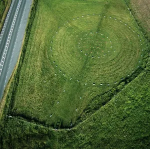 Prints of THE SANCTUARY, Avebury. Wiltshire. Aerial view of the site looking East. Part of the Avebury World Heritage Site Explore South West England: Coast, Countryside and Travel: Aerial Print of The Sanctuary at Avebury
