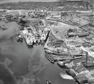 Prints of The Middle Docks and Engineering Company Ltd Ship Repair Yard at Middle Docks, South Shields. Photographed by Aerofilms Ltd in August 1947 Transport and Waterways in England - Railways, Canals and Roads: South Shields Shipyard Print, August 1947