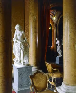 Prints of BRODSWORTH HALL, South Yorkshire. Interior view of statues, chairs and pillars in the South Hall Victoriana Prints: Brodsworth Hall Print: South Hall Interior