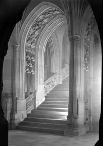 Prints of JOHN RYLANDS LIBRARY, Manchester. Interior view. A staircase in the John Rylands Library in the University of Manchester Explore England - Iconic Landmarks and Places to Visit: Print of John Rylands Library interior featuring a Gothic staircase