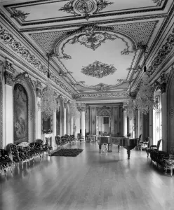 Prints of WITLEY COURT, Worcestershire. Interior view c.1920. The Music Room. Photographed by Bedford Lemere Music Prints: Witley Court Music Room Print, c. 1920, Interior View