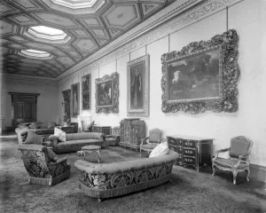 Prints of WITLEY COURT, Great Witley, Worcestershire. Interior view of the Picture Gallery with a series of paintings and fine furniture Worcestershire Prints: Witley Court Picture Gallery Print, c. 1920