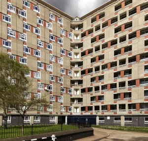 Prints of Dorset Estate, Diss Street, Tower Hamlets, London. General view of tower block by Lubetkin Brutalist Architecture Prints: Dorset Estate Print, London Tower Block